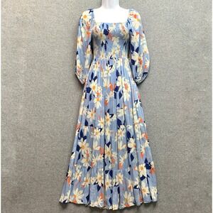 Womens Cottagecore Prairie Maxi Dress Smocked Long Sleeve Size S Blue Crinkle